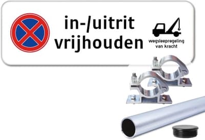 Bord In-/ Uitrit Vrijhouden - Weerbestendig Aluminium - 40x15 cm - Bevestiging: Met paal 120 cm + paalbeugels + paaldop