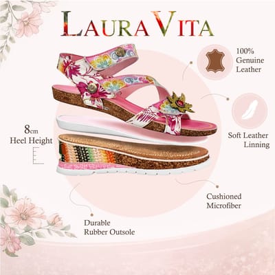 Laura Vita Women's Balade 32 Rose Pink Floral Leather Wedge Espadrille Sandalen