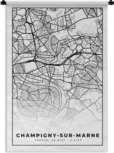 Wandkleed - Wanddoek - Kaart - Plattegrond - Champigny-sur-Marne - Frankrijk - Stadskaart - Zwart wit - 120x180 cm - Wandtapijt