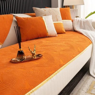 Moderne Blad Jacquard Bankhoes Gouden Lijn Chenille Bankhanddoek Oranje Brede Rand Antislip Bankbeschermer Slipcovers Afneembaar 70x70cm 1pcs