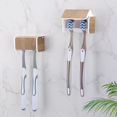 Famanu – Elektrische tandenborstelhouder voor badkamer, set van 2, zelfklevend, houtlook afwerking