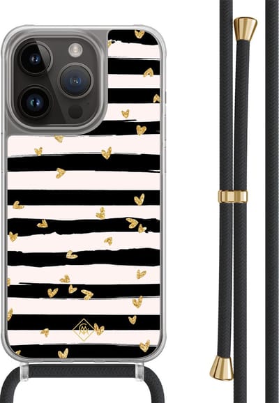 Casimoda® hoesje met zwart koord - Geschikt voor iPhone 13 Pro - Hart Streepjes - Afneembaar koord - TPU/polycarbonaat - Zwart