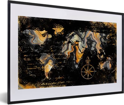Poster in lijst - Fotolijst 60x40 cm - Posters - Wereldkaart - Marmer - Goud - Posterlijst zwart - Decoratie - Wanddecoratie woonkamer - Muurdecoratie slaapkamer