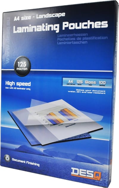 DESQ® Lamineerhoes | A4 | 125 micron | Landscape | Glanzend | 100 stuks | 303 x 216 mm | Premium | 71146