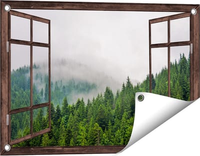 Gards Tuinposter Doorkijk Groen Bos met Bomen tijdens de Mist - 60x40 cm - Tuindoek - Tuindecoratie - Wanddecoratie buiten - Tuinschilderij