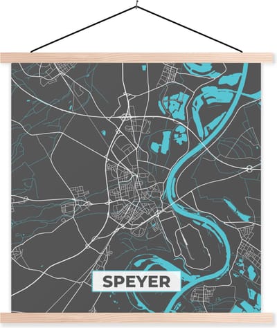 Posterhanger incl. Poster 60x60 cm - Schoolplaat - Stadskaart – Plattegrond – Duitsland – Blauw – Speyer – Kaart - Textielposter - Blanke latten - Stadskaart