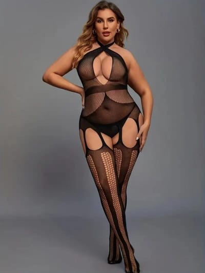 LekkerStout Plus Size Bodysuit - Semi-transparante Mesh met Jarretel Kousen & Open Kruis - One Size L-XXL | LS274