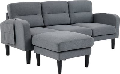 Hoekbank - L-vormige bank met chaise longue - 3-zits modulaire bank - Stoffen bank - 204x136x80cm - Afneembare kussens - Woonkamer Grijs