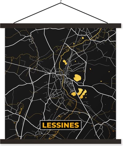 Posterhanger incl. Poster 60x60 cm - Schoolplaat - Kaart - Lessines - Goud - Stadskaart - Plattegrond - Textielposter - Zwarte latten - Stadskaart