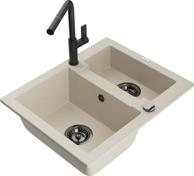 Mexen Carlos granieten spoelbak 1,5-komor met keukenkraan Flora, beige - 6518-69-670401-70-B