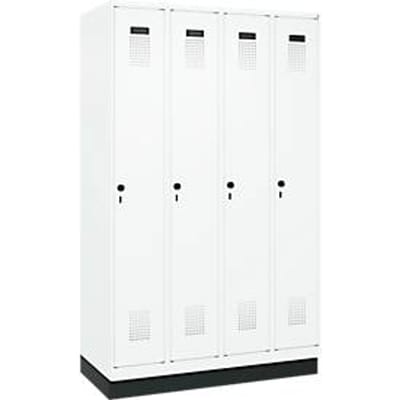 C+P Evolo Plus garderobekast, 4 vakken, 300 mm vakbreedte, met plint, rechts scharnierend, soft-close, inbraakwerend, B 1200 x D 500 x H 1950 mm, veiligheidsdraaigrendel, verkeerswit RAL 9016/ verkeerswit RAL 9016