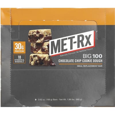MET-Rx, Big 100, Maaltijdvervangingsreep, Chocolate Chip Cookie Dough, 9 repen, 3,52 oz (100 gr) elk