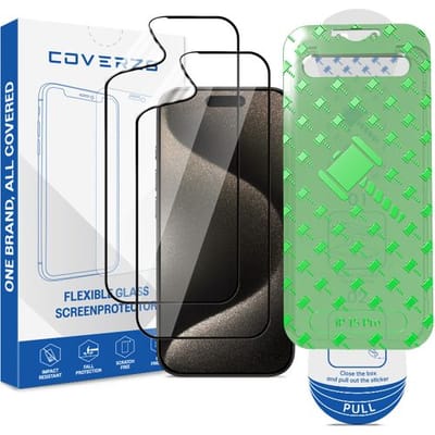 Coverzs Flexibel PMMA Glass Screenprotector met frame (2-pack) geschikt voor iPhone 15 Pro – Flexibel Glas – Beschermfolie met Montageframe – Krasbestendige Schermbescherming