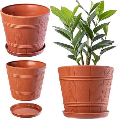 Houten Look Bloempot met Onderschotel voor Binnen en Buiten - Ø 19 cm - Weerbestendige Plantenpot in Terracotta