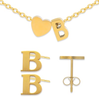 Initiaal Armband & Oorbellen set met Letter B Goudkleurig - Stainless Steel - Met letter & Hartje! - 2x Sieraden Cadeau - Pax Amare