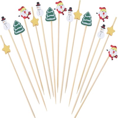 carmdering - Houten Spiesjes - 100 stuks houten kerstcocktailspiesen - 12 cm - bamboe tandenstokers voor feestdecoratie - fruitspiesen en fingerfoodspiralen met schattige versieringen - Milieuvriendelijk en Praktisch