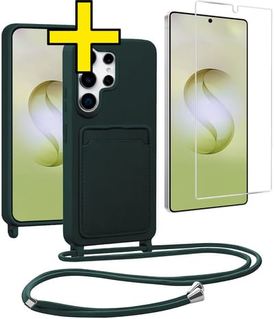 Hoesje Geschikt voor Samsung S26 Ultra Hoesje Met Koord Met Screenprotector Siliconen Case - Hoes Geschikt voor Samsung Galaxy S26 Ultra Backcover Met Afneembaar Koord - Donkergroen
