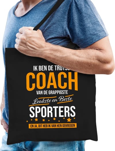 Trotse coach katoenen cadeau tas voor heren - zwart - verjaardag - kado cadeau tas voor coaches