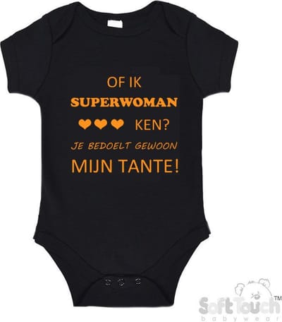 100% katoenen Romper "Of ik Superwoman ken Je bedoelt gewoon mijn tante" Unisex Katoen Zwart/mosterd Maat 62/68