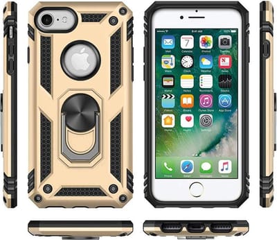HB Hoesje Geschikt voor Apple iPhone 7 / 8 - Anti-Shock Hybrid Armor Back Cover - Hoes met Kickstand Ring - Goud