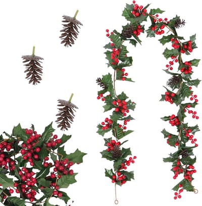 Kerstguirlande met Dennenappels en Bessen, Kunstmatige Decoratie voor Kerstmis, Realistische Guirlande voor Haard, Tafel en Feestdagen (175 cm)