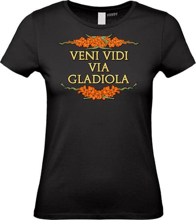 Dames t-shirt Veni Vidi Via Gladiola | Vierdaagse shirt | Wandelvierdaagse Nijmegen | Roze woensdag | Zwart | maat XS
