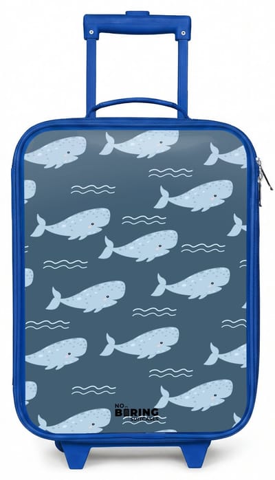 NoBoringSuitcases.com® - Kinderkoffer blauw - Kindertrolley jongen - Walvis met golven patroon blauw - Koffer kind lichtgewicht - Reiskoffer trolley voor kinderen - Koffertje met lichtgevende wieltjes - Rolkoffer