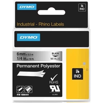 DYMO 1805441 IND Rhino tape permanent polyester zwart op metallic 6mm (origineel)
