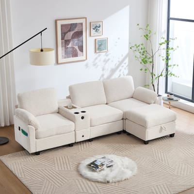 HAUSS SPOLE Sofa - Grote Cordbank - Met Verschoven Middenconsole Met 2 Cuphouders En USB-C - 266x136x82 cm - Voor Woonkamer - Corduroy Beige
