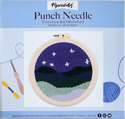 Figured'Art Punch Needle Kit voor Volwassenen en Kinderen - Onder de Sterren - Perfect voor Beginners. Compleet klaar-om-te-borduren set, maat 20x20 cm met ronde frame