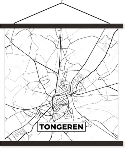 Posterhanger incl. Poster 60x60 cm - Schoolplaat - België – Tongeren – Stadskaart – Kaart – Zwart Wit – Plattegrond - Textielposter - Zwarte latten - Stadskaart