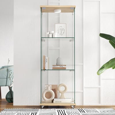 Vitrinekast - 42,5x36,5x120 cm - LED Verlichting met Gehard Glas en 3 Niveaus - Hout en Glas - Naturel