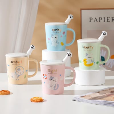 Schattige Kat Hoge Keramische Mok Meisjes Set Huiscadeau Souvenir Mok Ontbijt Melkbeker 350ML white