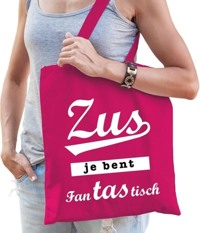 Cadeau tas fuchsia roze katoen met de tekst Zus je bent fanTAStisch - kadotas voor een zusjes