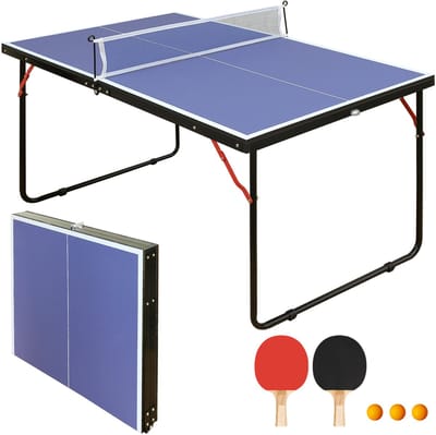 Pingpongtafel - Opvouwbare pingpongtafel - Draagbare pingpongtafelset - Inclusief net, 2 pingpongbatjes en 3 pingpongballen - 137x76x66cm - Geschikt voor speelkamers, appartementen en kantoren - Blauw