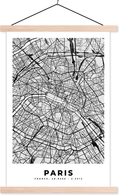 Posterhanger incl. Poster 40x60 cm - Schoolplaat - Kaart - Stadskaart - Parijs - Plattegrond - Frankrijk - Textielposter - Blanke latten - Stadskaart