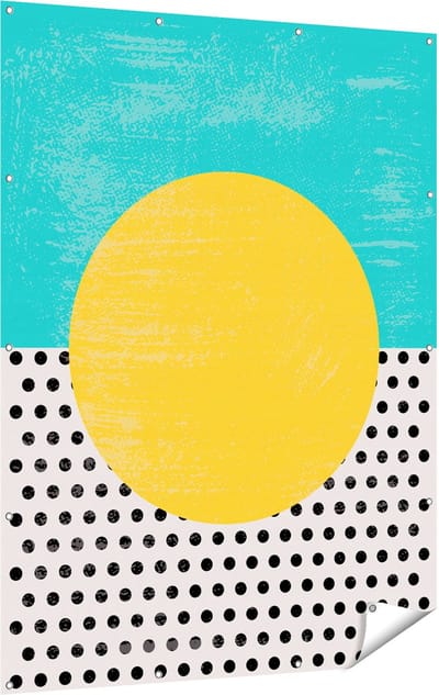 Gards Tuinposter Abstracte Kunst - Zon met Zwarte Stippen - 120x160 cm - Tuindoek - Tuindecoratie - Wanddecoratie buiten - Tuinschilderij