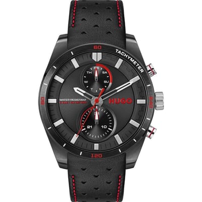 HUGO HU1530370 #FAST Heren Horloge - Mineraalglas - Staal/Leer - Zwart - 44 mm breed - Quartz - Gesp - 5 ATM (douchen)