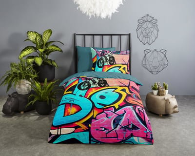 Good Morning dekbedovertrek graffiti - 1 persoons 140x200/220 cm - Multi - 100% Katoen renforc�
