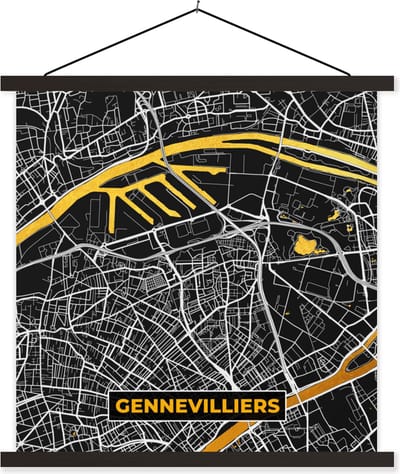 Posterhanger incl. Poster 60x60 cm - Schoolplaat - Plattegrond – Gennevilliers – Stadskaart – Kaart – Frankrijk - Textielposter - Zwarte latten - Stadskaart