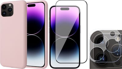 Hoesje geschikt voor iPhone 14 Pro - Screenprotector FullGuard & Camera Lens Screen Protector - Back Cover Case SoftTouch Roze