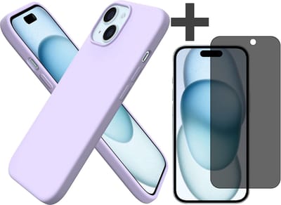 Hoesje met Privacy Screenprotector Geschikt voor iPhone 15 Plus Hoesje Siliconen - liquid case - Arara Backcover - Lila