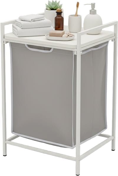 Wasmand - 65 l - met plank - uitneembare waszak - wit-grijs