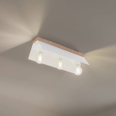 Lamkur Plafondlamp Esme, wit, lengte 40 cm, metaal/hout, 3-lamps