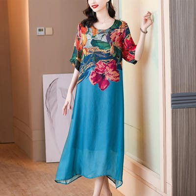 Gedrukte Jurk voor Dames in de Zomer Nieuwe Stijl Nobele Dame Moeder High-end Stijl Grote Maat Moerbeizijde Lange Rok 5XL blauw