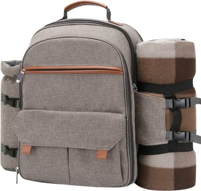 Famanu - Picknickrugzak voor 4 personen, deluxe met tas, picknicktas, geïsoleerd, picknickmand met servies en deken voor camping, familie, gazon (beige)