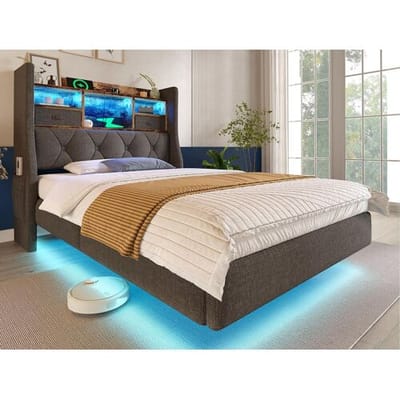 ModernLuxe Gestoopt volwassen bed 90x200cm - met LED-verlichting - met 1 Type-C-poort en 3 USB-poorten - hoofdeinde met opbergruimte - linnen - Grijs