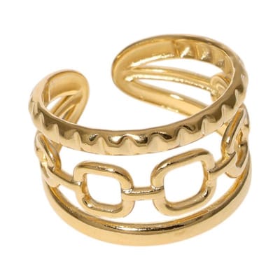 Aramat Jewels | Ringen | Damesring Verstelbaar – Open Ring met Gladde, Schakel & Bewerkte Lijn – One Size | Goudkleur | |20mm | Staal | Volwassenen | Verkleurd niet