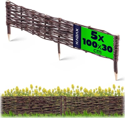 KADAX Palissade van wilgentenen, natuurlijk wilgenhek, handgemaakt wilgenvlechthek, tuinhek voor paden en bloembedden, omheining gazonrand (5 stuks 100 x 30 cm)