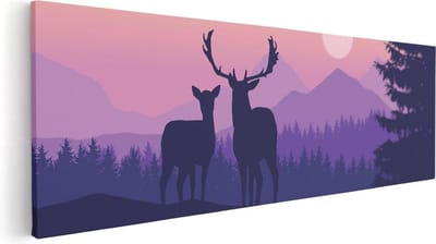 Artaza Canvas Schilderij Herten In Bos - 60x20 cm - Muurdecoratie Natuur - Wanddecoratie Bergen - Kamer Accessoires Zonsondergang